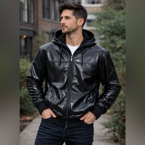 Mode of One Black Faux Leather Hooded full Zip Jacket Men’s Small long sleeve‎